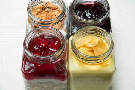 Dessert blueberry banoffee and cheese in a glass bottleの写真素材