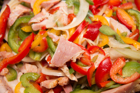 Close up of ham mixed salad in a bowlの写真素材