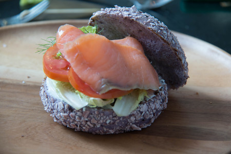 delicious Fresh bagel with smoke salmon  sandwichの写真素材