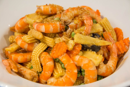 Close-up of colorful stir fry of shrimp and clolorful Vegetables, Thai food.の写真素材