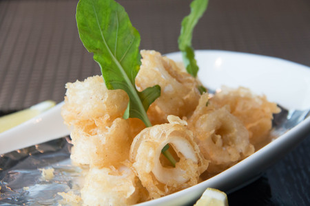 Plate of squid and chips on white plateの写真素材