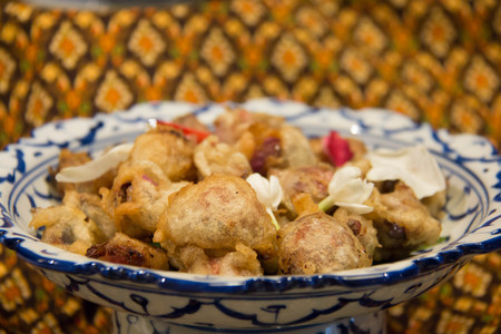 Thai traditional summer cold food, Khaw chae. Jasmine rice in iced water with lot of side dishesの写真素材