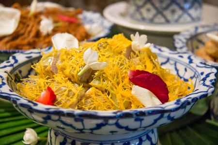 Thai traditional summer cold food, Khaw chae. Jasmine rice in iced water with lot of side dishesの写真素材