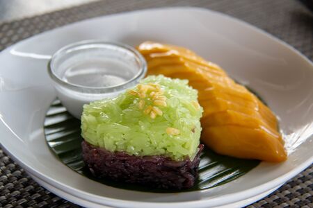 A mango  sticky rice on white plate の写真素材