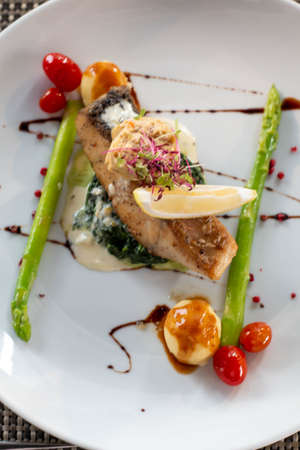 A salmon steak with spinach on white plate