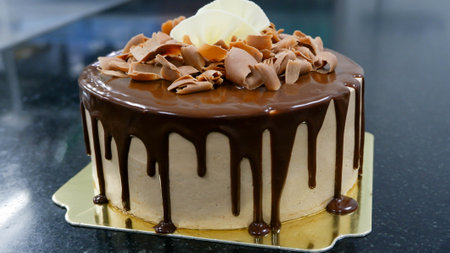 A chocolate cake on top chocolate ganacheの写真素材