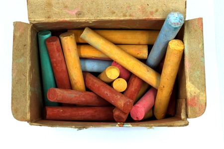 color chalks stick in old paper box isolated on white background High resolution image gallery.の写真素材