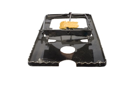 steel mouse trap and bait, dirty mouse trap isolated on white background High resolution image...