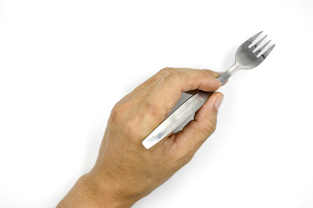 A male hand holding fork, man hand  isolated on white background High resolution image gallery.