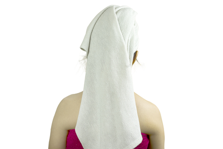 asian woman wear a skirt to cover her breast after wash hair, Wrapped in Towels After Showerの写真素材