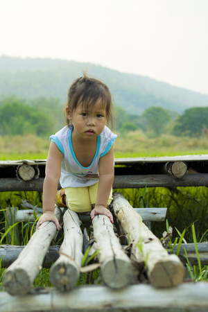 a small child  walks along in rice field road, High resolution image gallery.の写真素材