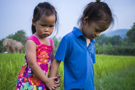 long hair boy and little girl playing in rice field. and a girl she scared a muddy. High resolution image gallery.の写真素材
