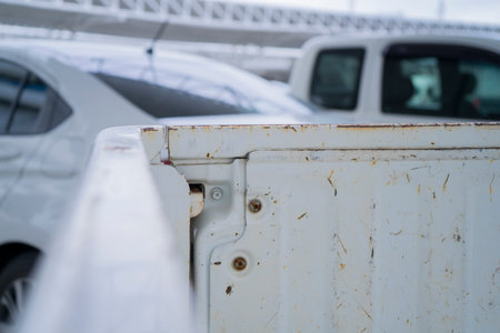 Rear view of a used pick up truck, detail of a truck.の写真素材