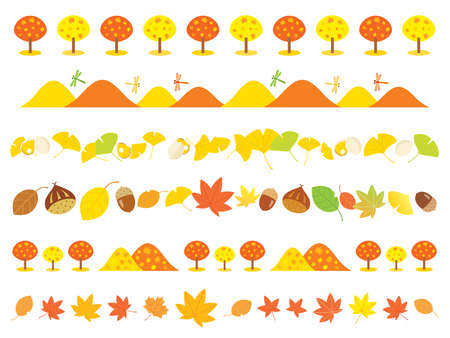 Line of the autumn maple leaves, mountain, ginkgo and acornのイラスト素材