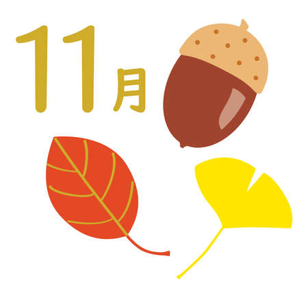 An illustration icon of an acorn and fall foliage on November for a calendar and Japanese letter. Translation: "November"のイラスト素材