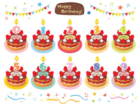 A set illustration of birthday cakes with chocolate creamのイラスト素材