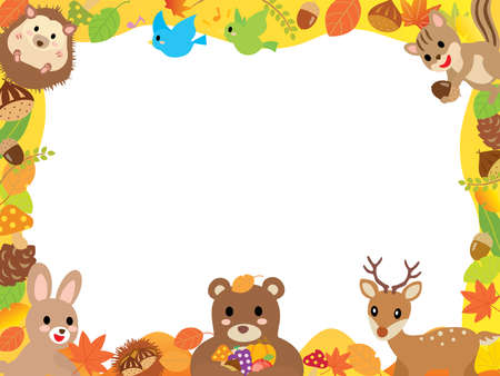 Autumn frame of leaves and cute animals in the forestのイラスト素材