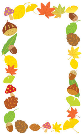 Autumn frame of chestnuts, acorns, and colored leavesのイラスト素材