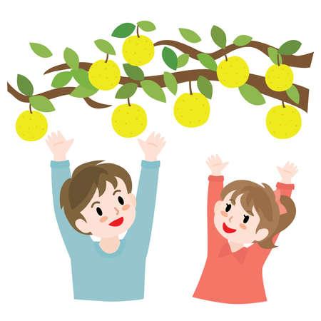 Children going pear picking in the orchardのイラスト素材