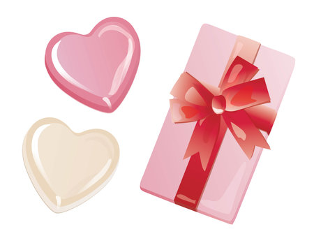 Set of the heart-shaped chocolate of Valentine's Day and the red box with the ribbonのイラスト素材