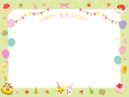 Pretty birthday frame of cake, flag and balloonのイラスト素材