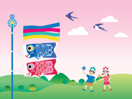 Scenery of carp streamers and children in the village forest of Children's Dayのイラスト素材
