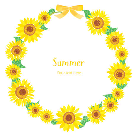 Round illustration frame of the summer yellow sunflowerのイラスト素材
