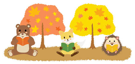 Animals reading a book in Autumn of readingのイラスト素材
