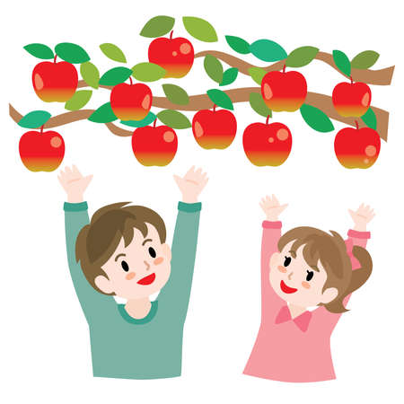 Illustration of children doing apple pickingのイラスト素材