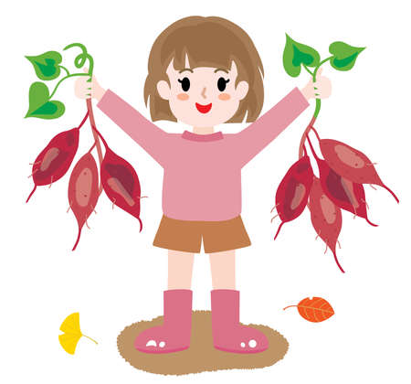 A girl who is pleased with the harvest of sweet potatoesのイラスト素材