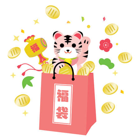 Lucky bag of New Year holidays of the Year of the Tiger and Japanese letter. Translation : "Lucky bag" "Fortune"のイラスト素材