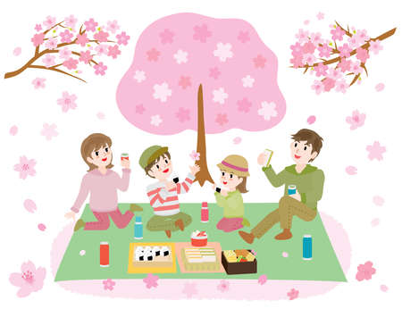 Illustration of the family doing cherry blossom viewing in spring.のイラスト素材