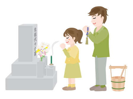 A parent and child visiting a grave during on equinoctial week and Japanese letter. Translation : Ancestral tombの販売画像