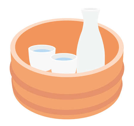 A sake bottle and small sake cup in the tree pail.のイラスト素材