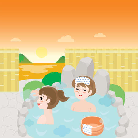 The women who take the outdoor bath with the ocean view.のイラスト素材