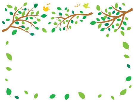 Green Frame illustration of the trees and the small birds.のイラスト素材