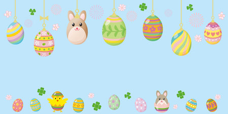Easter banner with eggs, bunny and chicken. Vector illustration.のイラスト素材