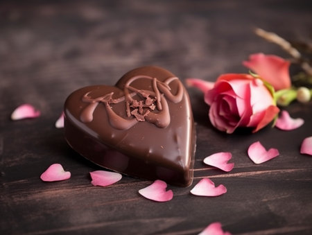 Heart-shaped chocolate on a dark wooden background with rose petals. Valentineâs Day. AI-Generated Imagesの素材
