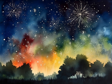 Fireworks in the night sky. Watercolor painting. AI-Generated Imagesの素材