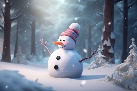 Snowman in winter forest. Christmas and New Year concept. 3D Rendering. AI-Generated Images.の素材