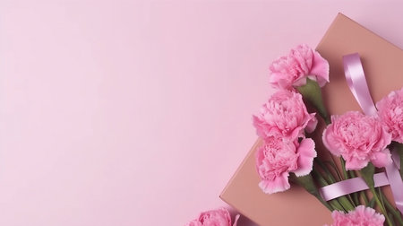 Gift box and bouquet of pink carnations on a pink background. AI-Generated Images.の素材