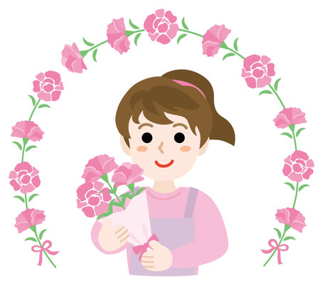 Mother with flowers and bouquet of pink carnation for Mother's Day.  Vector illustration.のイラスト素材