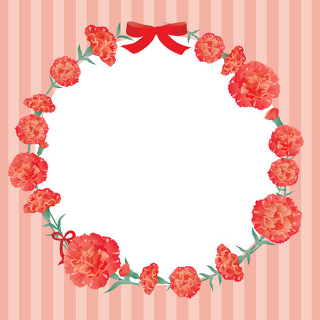 Carnation round frame on striped background with ribbon and bow. Mother's Day. vector illustration designのイラスト素材