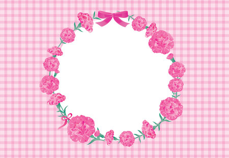 Carnation round frame with ribbon on pink checkered background. Mother's Day. vector illustration designのイラスト素材