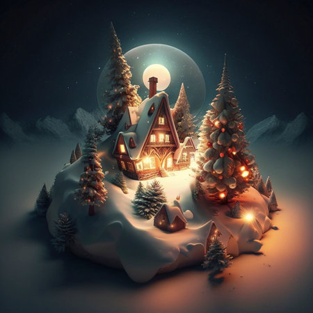 Fantasy winter landscape with christmas house and moon. 3D rendering. AI-Generated Imagesの素材