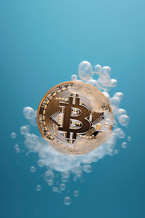 Golden bitcoin on a blue background. Digital currency. Cryptocurrency. AI-Generated Imagesの素材
