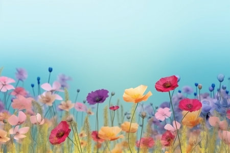 Colorful poppy flowers on blue sky background with soft pastel colors. AI-Generated Imagesの素材