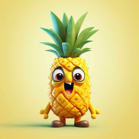 Funny pineapple character isolated on yellow background. 3d illustration. AI-Generated Imagesの素材