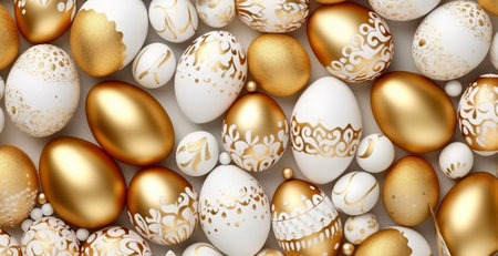 Easter background with golden and white eggs. 3D illustration.  AI-Generated Imagesの素材