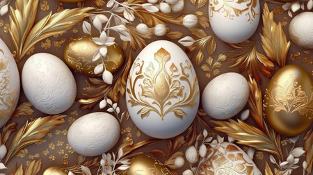 Easter background with golden eggs and floral ornament. 3d illustration. AI-Generated Imagesの素材